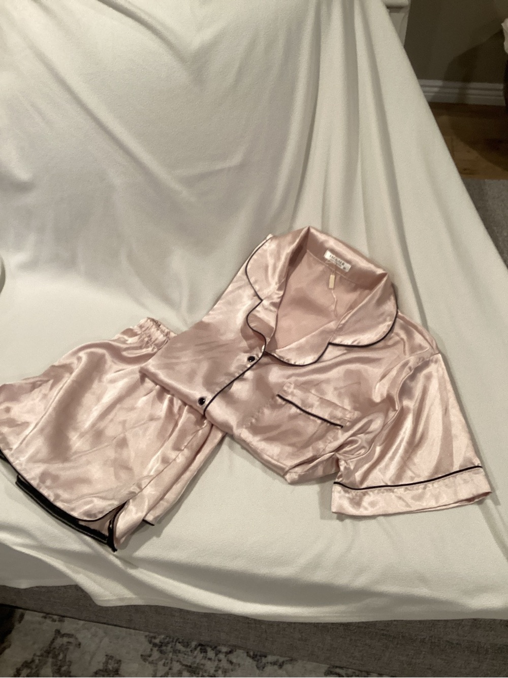 Silky Pink Short Sleeve Pajama Set with Black Piping